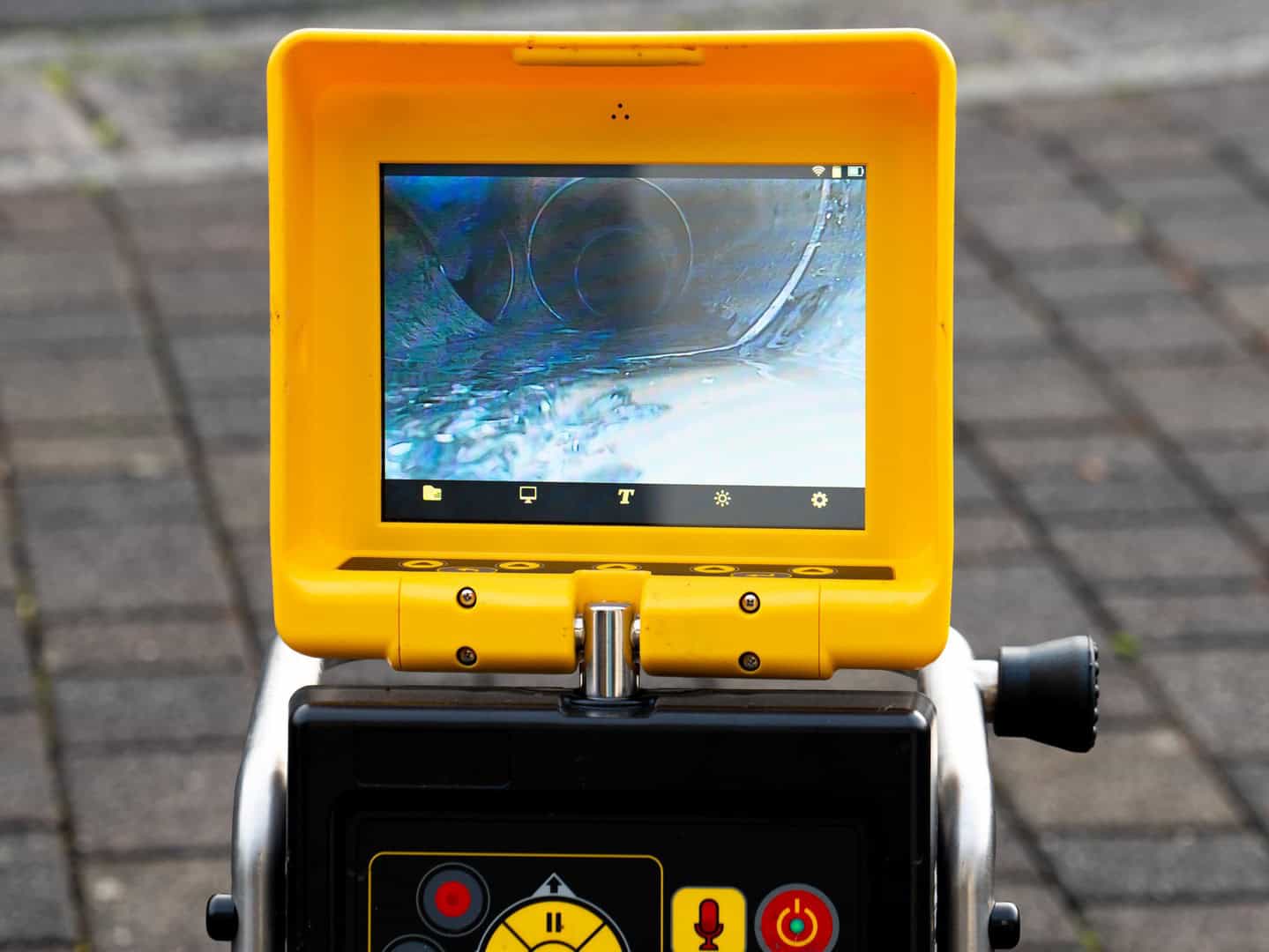 CCTV drain survey monitor showing the inside of a pipe
