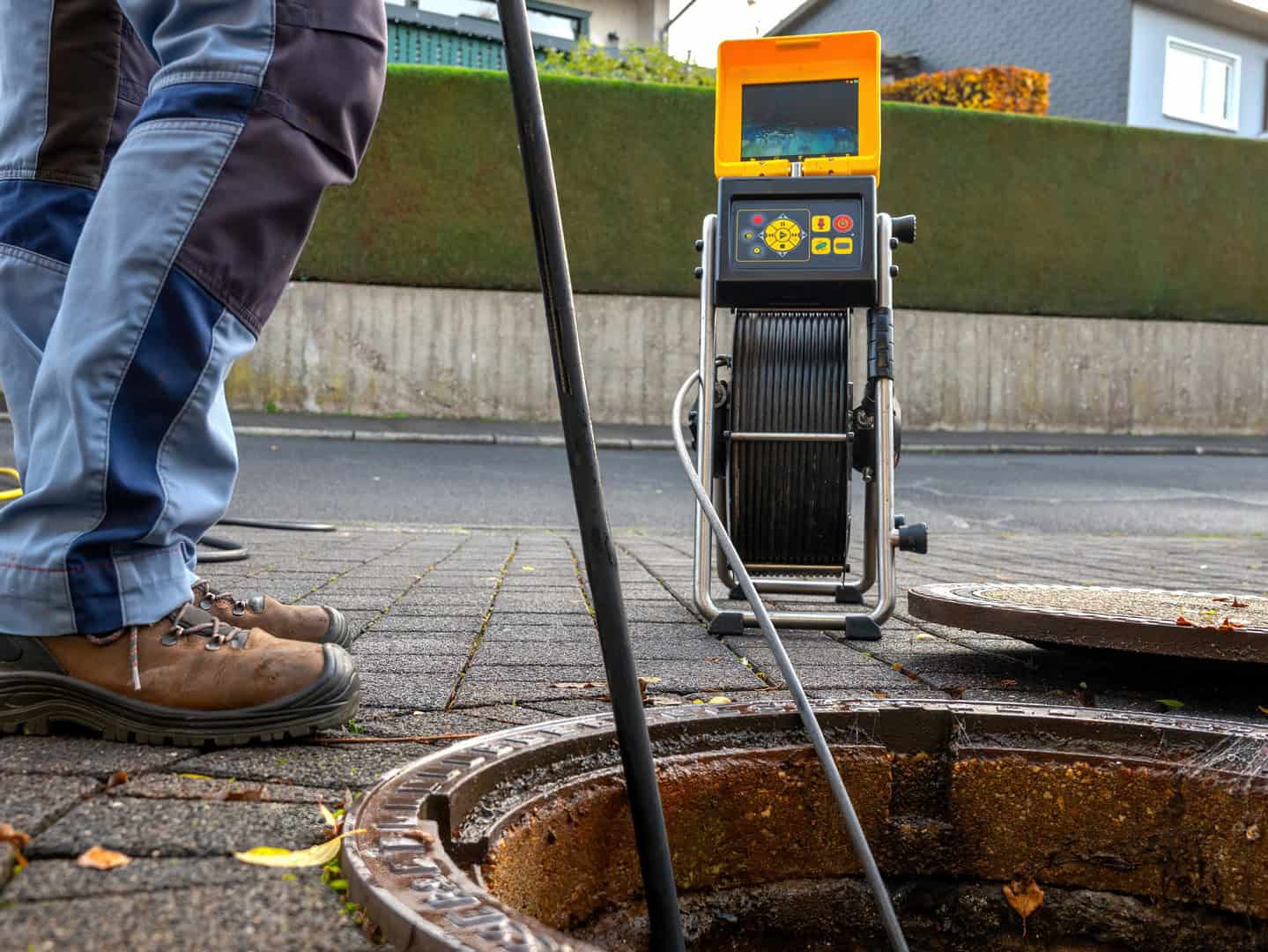 CCTV drain survey equipment beside an open manhole